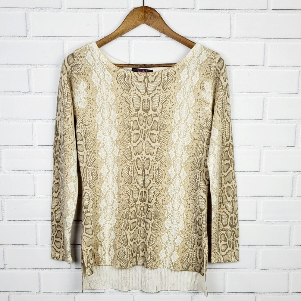 Womens Long Sleeve Snake Skin Blouse Top High-Low Hem Size Small S Beige - Picture 1 of 8